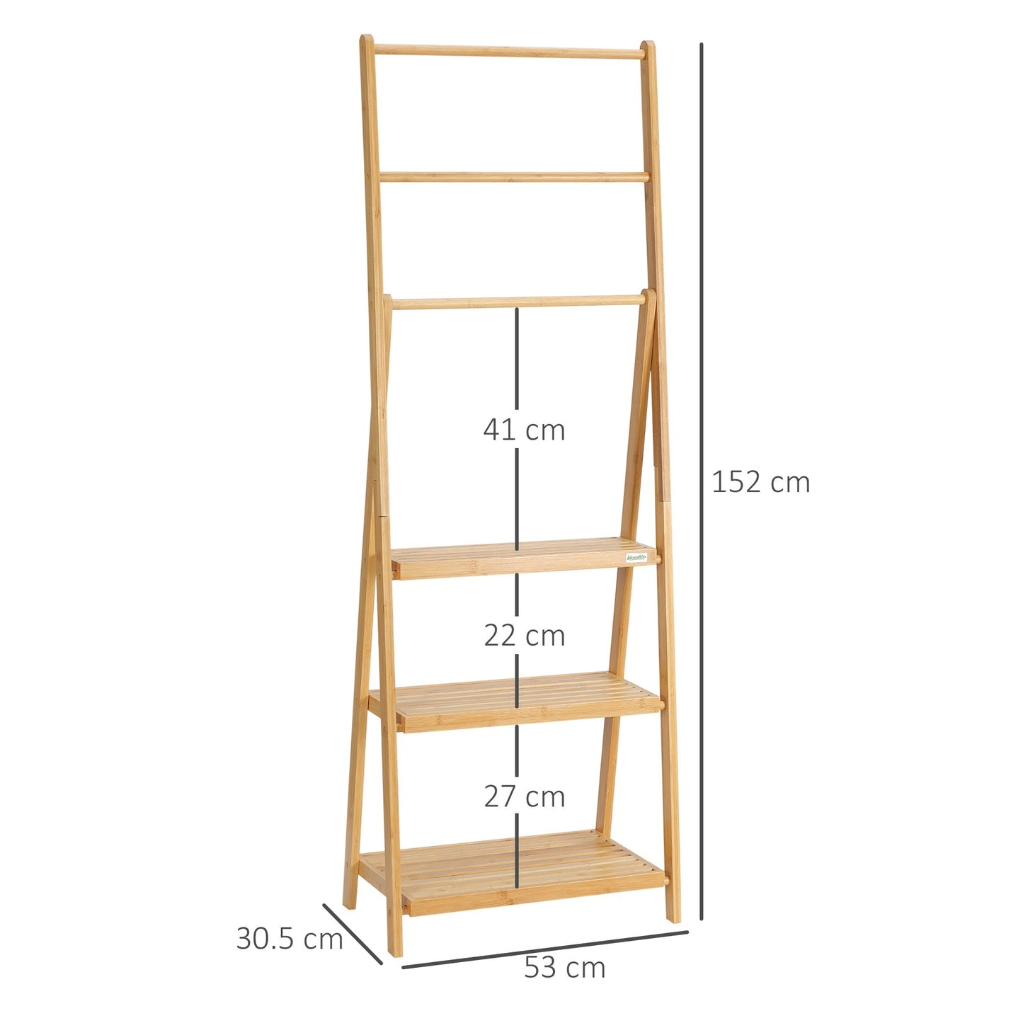 kleankin Freestanding Natural Bamboo Towel Rack with 3 Towel Rails and 3 Storage Shelves