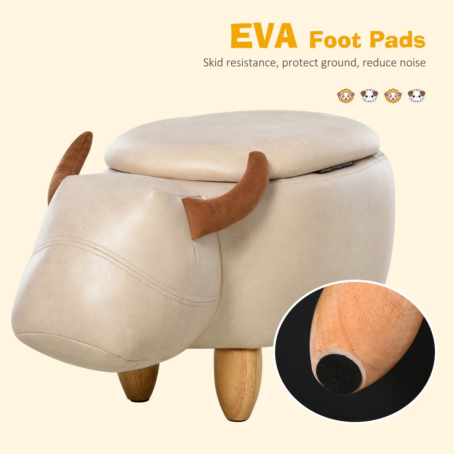 Animal footstool Buffalo Storage Stool Cute Kids Decoration Wood Frame Legs w/Padding Lid Ottoman Furniture Ivory