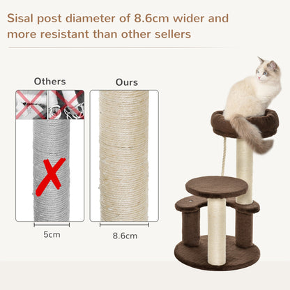 PawHut 65 cm Cat Tree for Indoor Cats Kitty Scratcher Kitten Activity Center Scratching Post Playhouse 2 Perch w/ Hanging Sisal Rope Brown