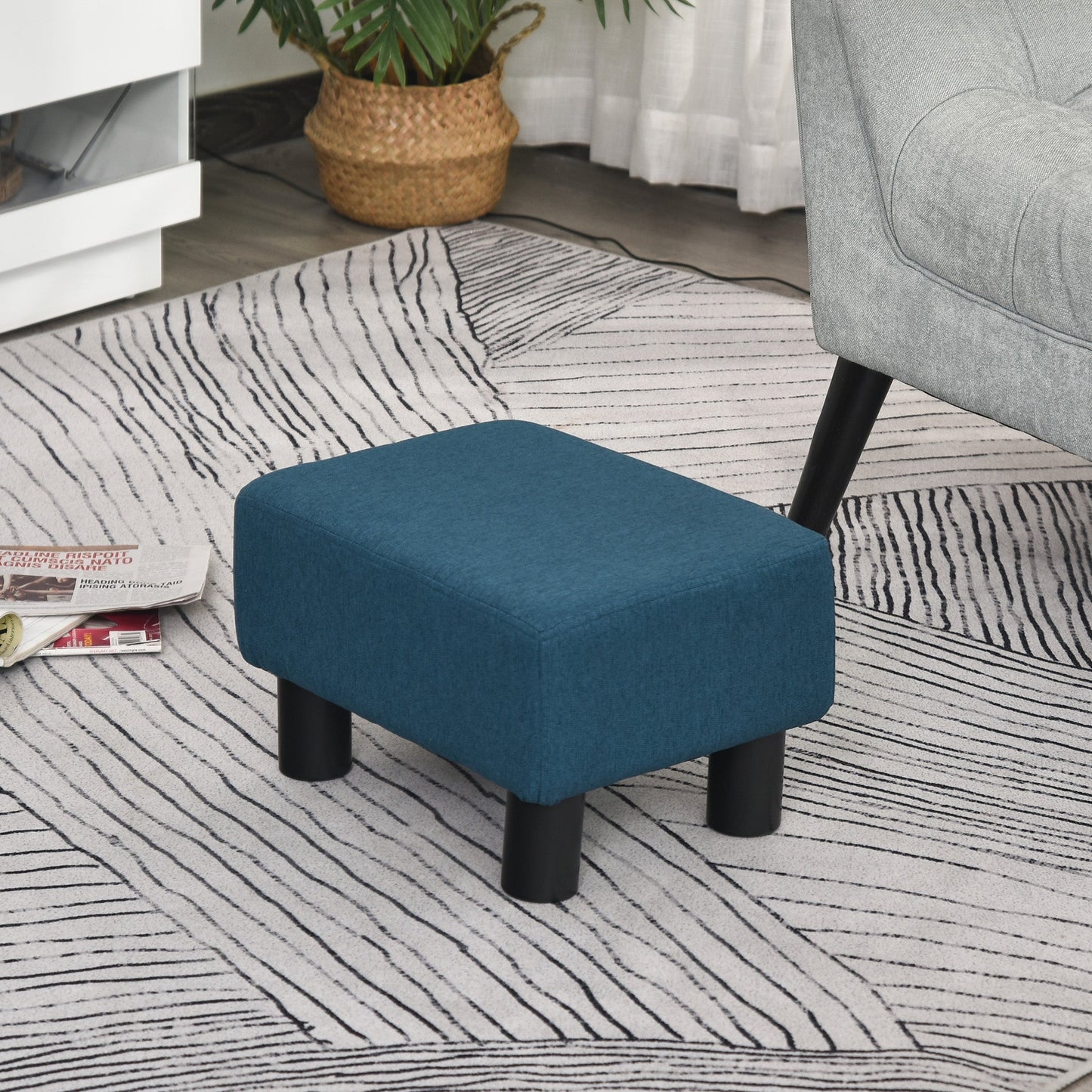 Linen Fabric Footstool Footrest Small Seat Foot Rest Chair Ottoman Light Home Office with Legs 40 x 30 x 24cm Blue