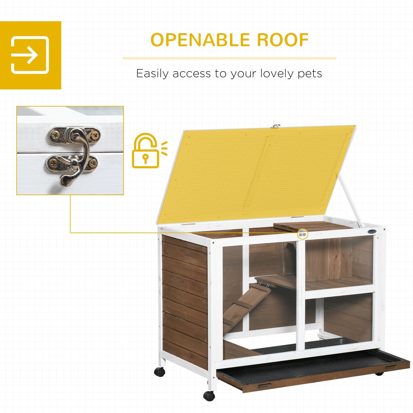 PawHut Wooden Rabbit Hutch Guinea Pigs House Bunny Small Animal Cage W/ Pull-out Tray Openable Roof Wheels 91.5 x 53.3 x 73 cm