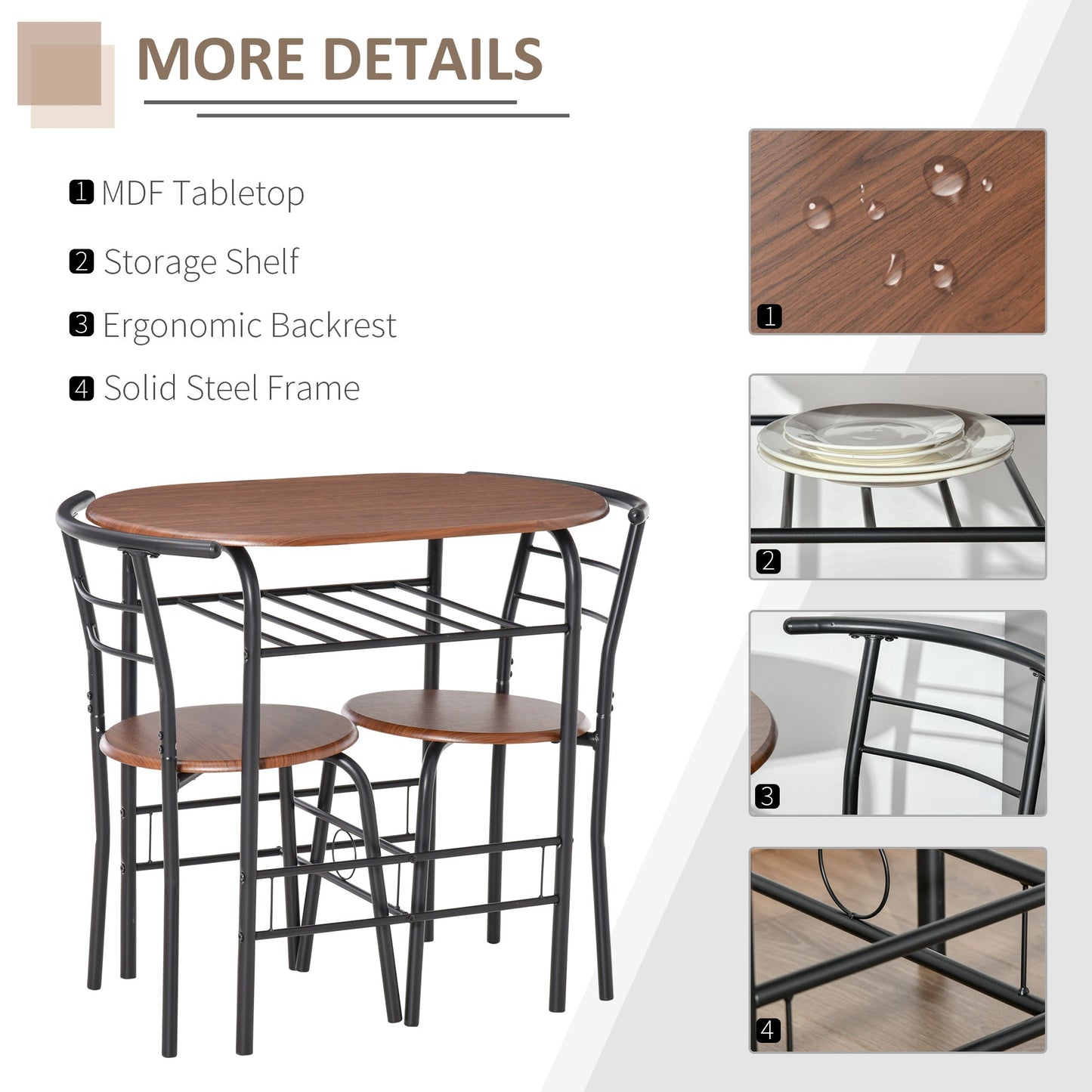 Medium-density fibreboard 2 Seater Bar Stool and Table Set w/ Bottle Storage Shelf Wood Tone