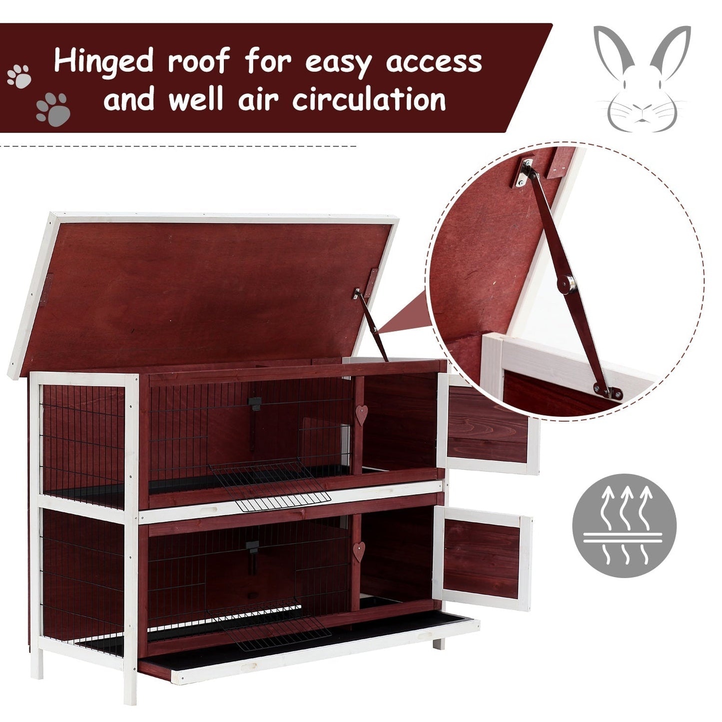 PawHut Two-Tier Double Decker Wooden Rabbit Hutch Pet Cage 136.4Lx50Wx93H cm-Brown/White