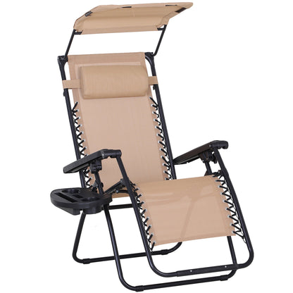 Zero Gravity Garden Deck Folding Chair Texteline Patio Sun Lounger Reclining Seat with Cup Holder & Canopy Shade - Beige