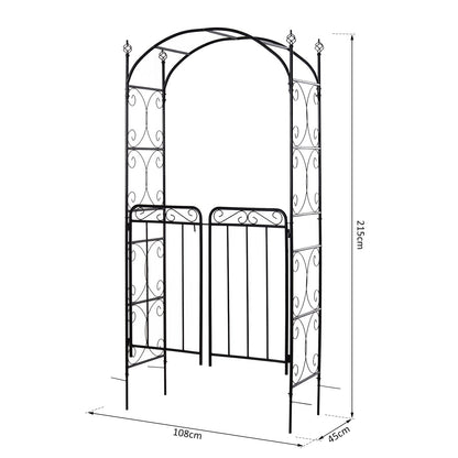 Outsunny Garden Decorative Metal Arch with Gate Outdoor Patio Trellis Arbor for Climbing Plant Archway Antique Black - 108L x 45W x 215H cm