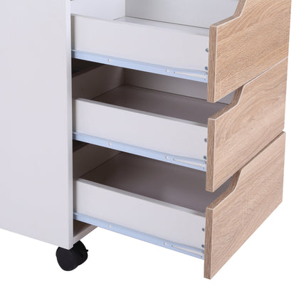 Medium-density fibreboard Mobile File Cabinet w/ 3 Drawers Locking Wheels Metal Rails Oak Tone White