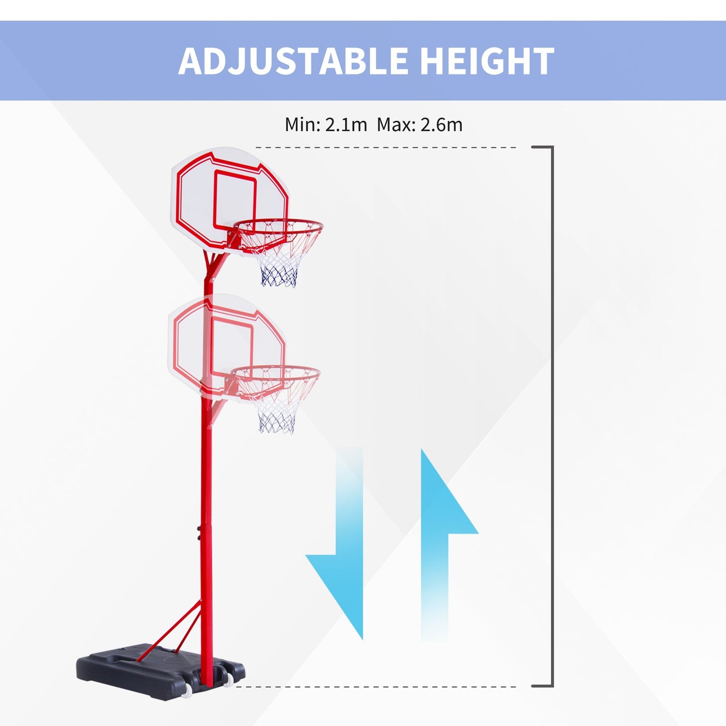 Basketball Stand Net Hoop Backboard Portable 260-310cm Height Adjustable with Wheels for Kids Adults Sports Fun