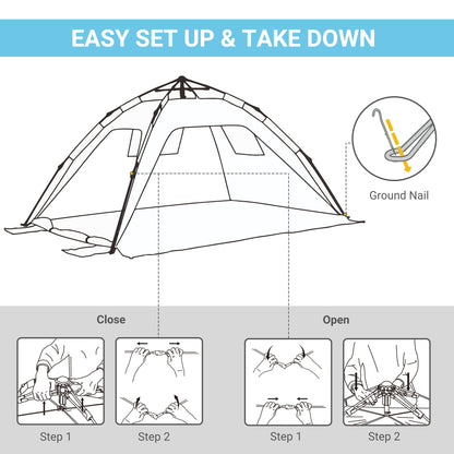 2 Man Pop-up Beach Tent Sun Shade Shelter Hut w/ Windows Doors Hook Sandbags UV Protection Waterproof Outdoor Adventure Garden Light Blue