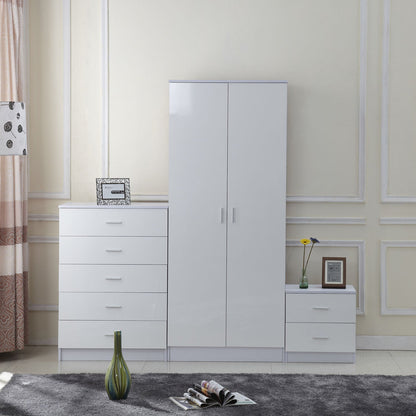 High Gloss 3-Piece Trio Bedroom Furniture Set Wardrobe + Chest Of Drawer + Bedside White