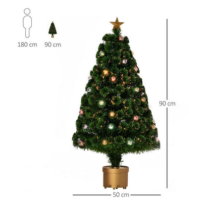 Homcom 3 Foot Prelit Artificial Christmas Tree Fiber Optic Holiday Home Xmas Indoor Decoration with Golden Stand Green