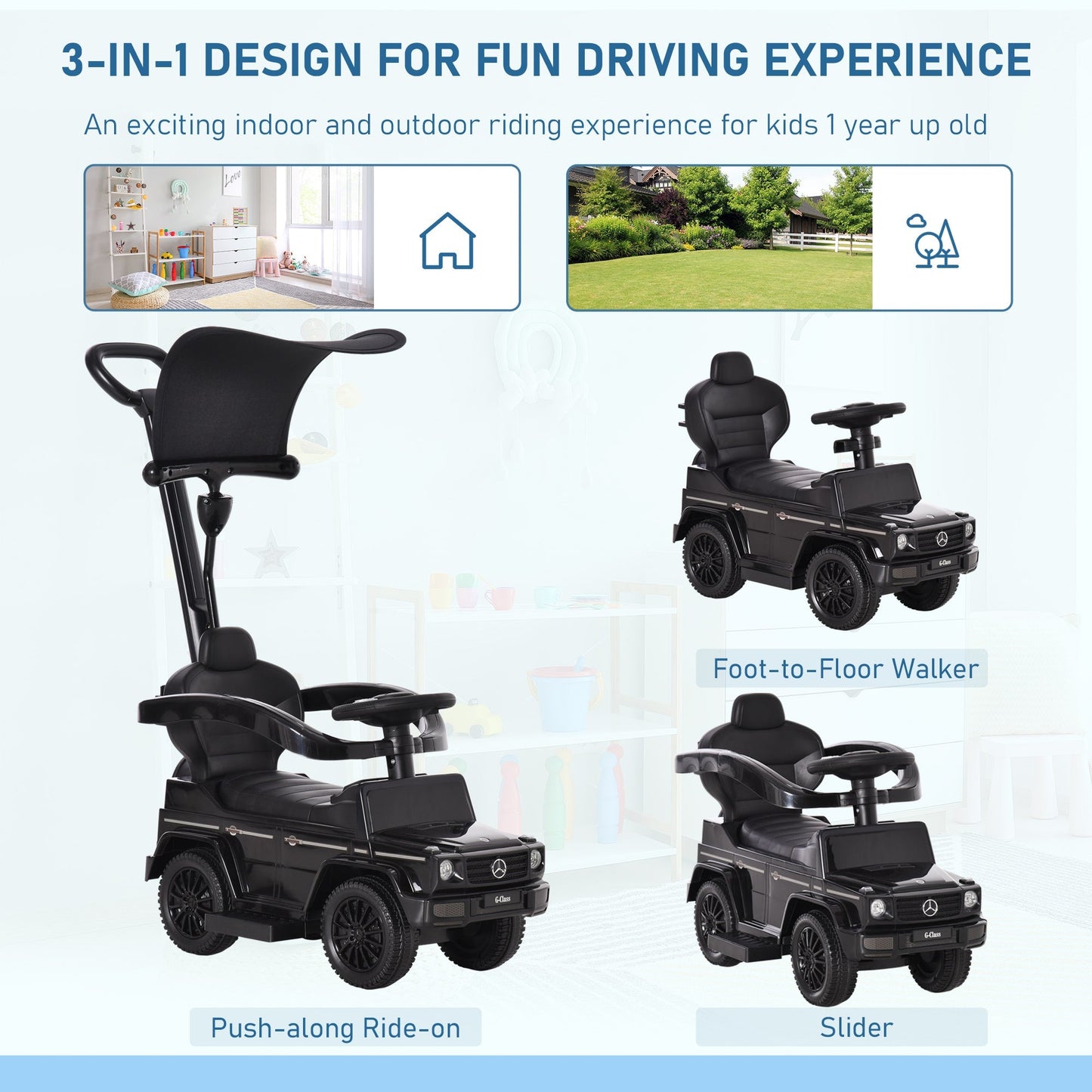 3 in 1 Kids Children Ride on Push Car Toddler Sliding Car G350 Licensed Walker Foot to Floor Slider Push-Along with Horn Steering Wheel NO POWER Manual