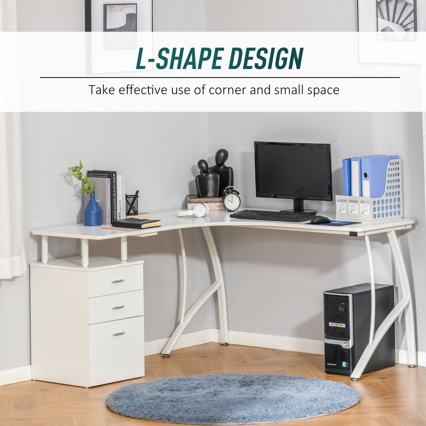 L-Shaped Computer Desk Table with Storage Drawer Home Office Corner Industrial Style Workstation