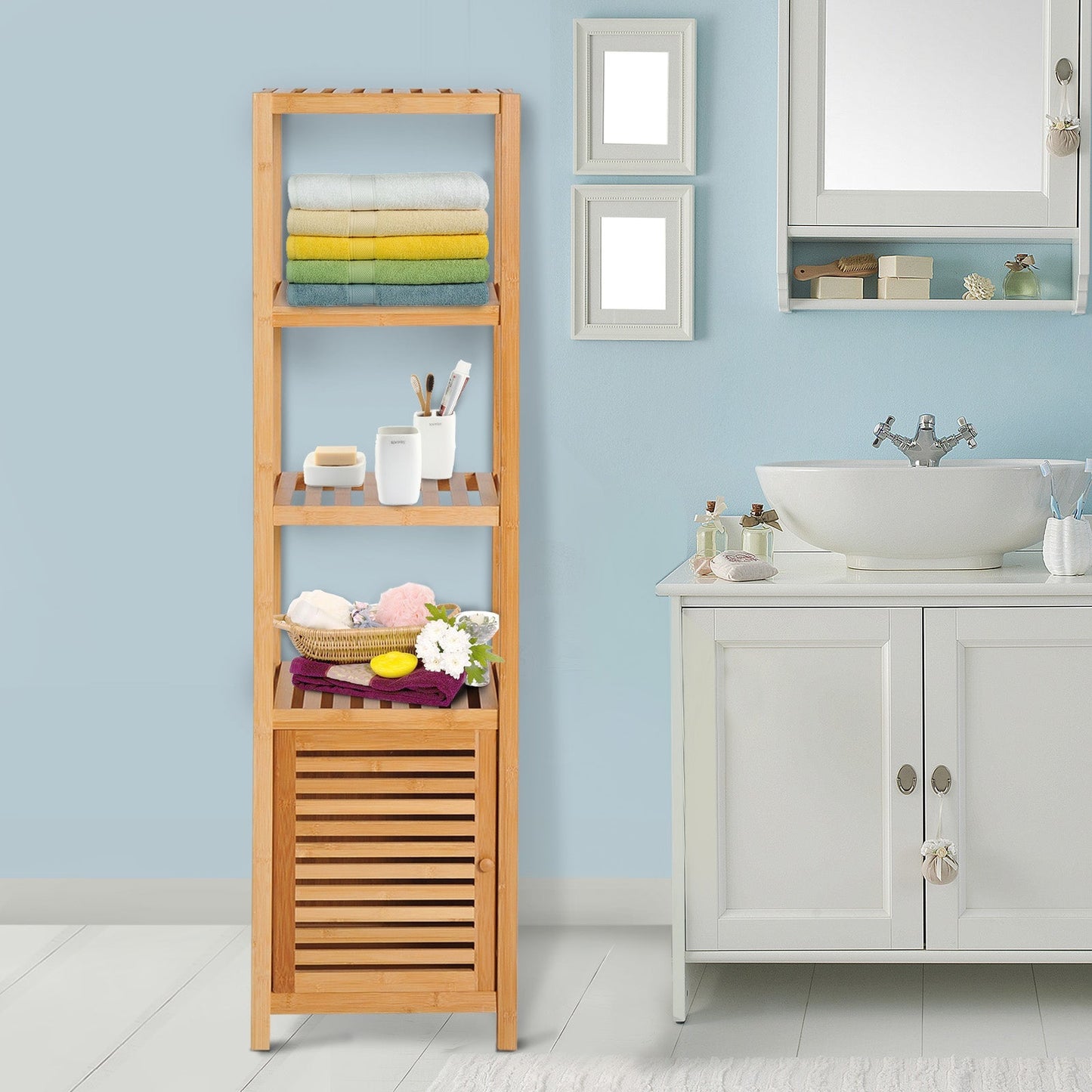 5-Tier 140cm Floor Cabinet Cupboard & Three Shelf Wood Natural