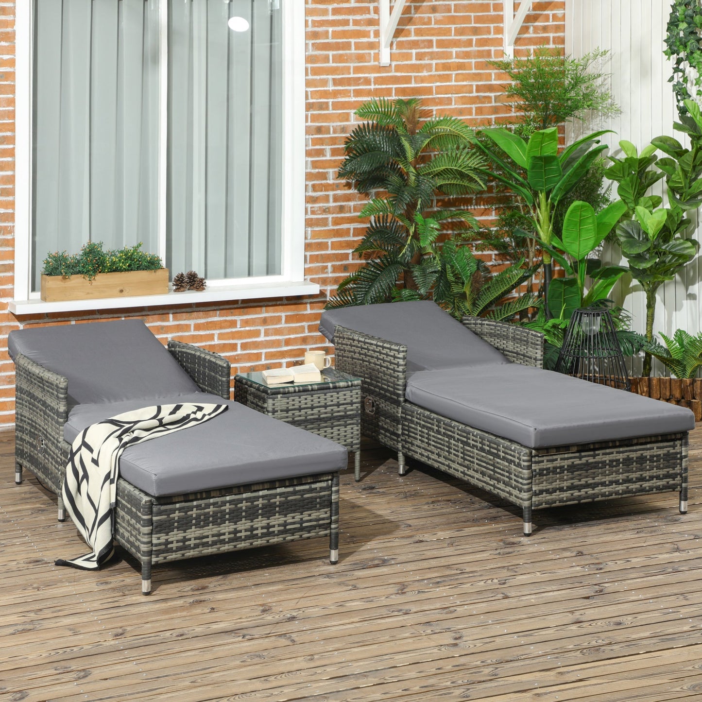 Outsunny 3-Pieces Rattan Sun Lounger