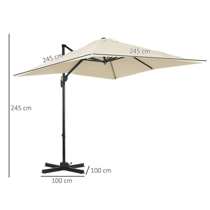 Outsunny 2.5 x 2.5m Patio Offset Parasol Umbrella Cantilever Hanging Aluminium Sun Shade Canopy Shelter 360 Rotation with Crank Handle and Cross Base