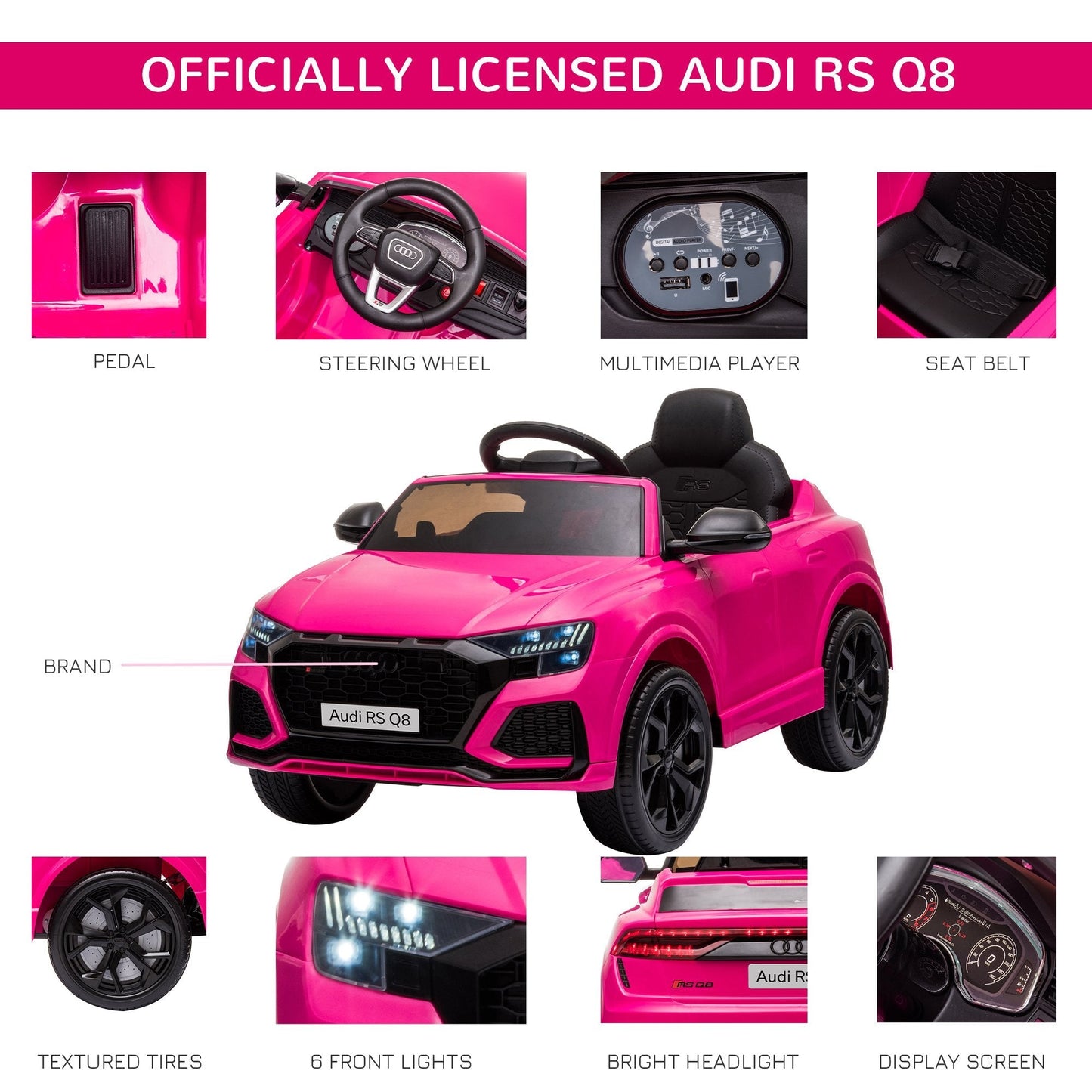 Audi RS Q8 6V Kids Electric Ride On Car Toy w/ Remote USB MP3 Bluetooth Pink