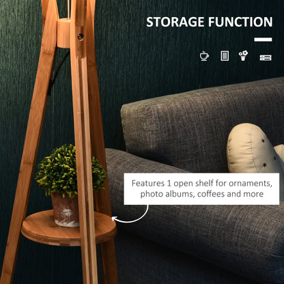 Homcom Natural Wooden Tripod Floor Lamp Light E27 Base Bedroom Living Room Fabric Shade Storage Shelf Foot Switch