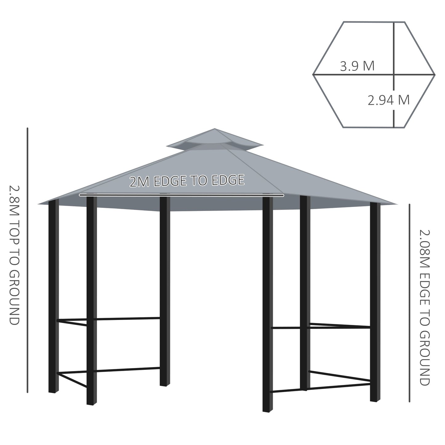 3 x 3M Hexagon Gazebo Patio Canopy Party Tent Outdoor Garden Shelter w/ 2 Tier Roof & Side Panel - Grey