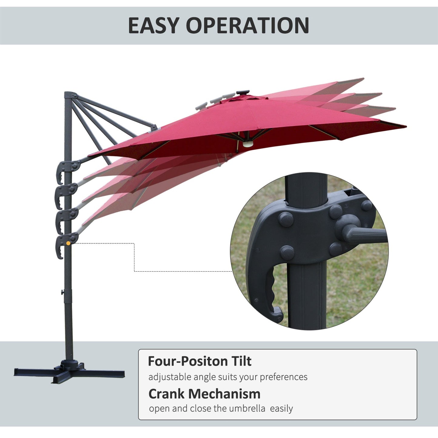 Outsunny 3(M) Led Cantilever Parasol Outdoor Sun Umbrella With Base Solar Lights Red