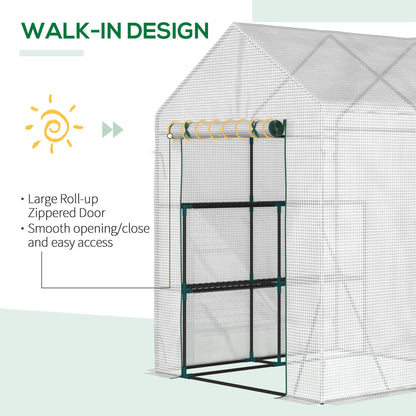 Greenhouse for Outdoor w/ 2 Tier Shelf Roll-Up Zippered Door PE Cover Green