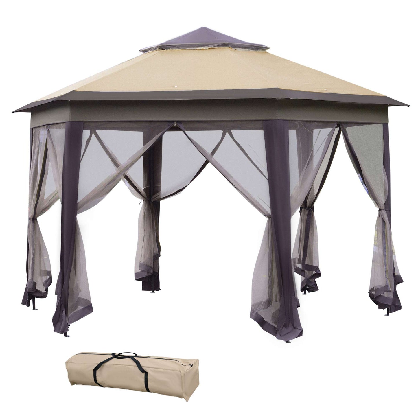 Hexagon Patio Gazebo Pop Up Gazebo Outdoor Double Roof Instant Shelter with Netting