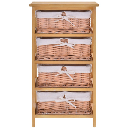 Homcom 4 Drawer Dresser Wicker Basket Storage Shelf Unit Wooden Frame Home Organisation Cabinet Bedroom Office Furniture Natural Finish 73x40cm