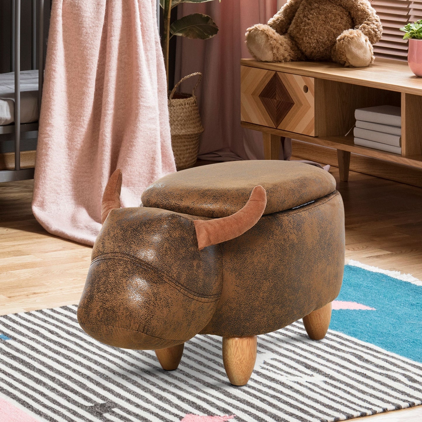 Animal footstool Buffalo Storage Stool Cute Kids Decoration Wood Frame Legs w/Padding Lid Ottoman Furniture Brown