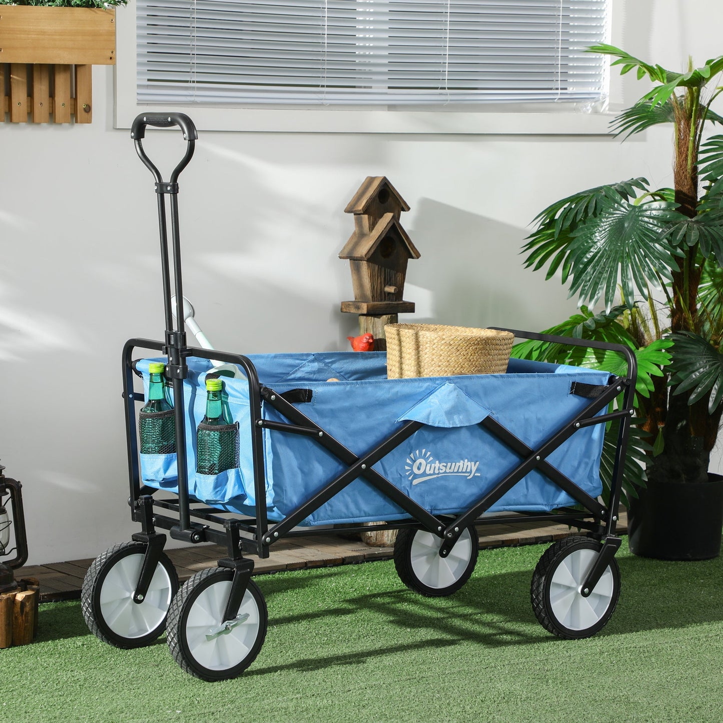 Pull Along Cart Folding Cargo Wagon Trailer Trolley for Beach Garden Use with Telescopic Handle - Blue