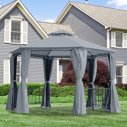 3 x 3M Hexagon Gazebo Patio Canopy Party Tent Outdoor Garden Shelter w/ 2 Tier Roof & Side Panel - Grey