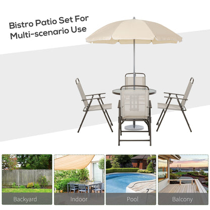 Outsunny Garden Patio Texteline Folding Chairs Plus Table and Parasol Furniture Bistro Set 6 Pieces - Black/Cream