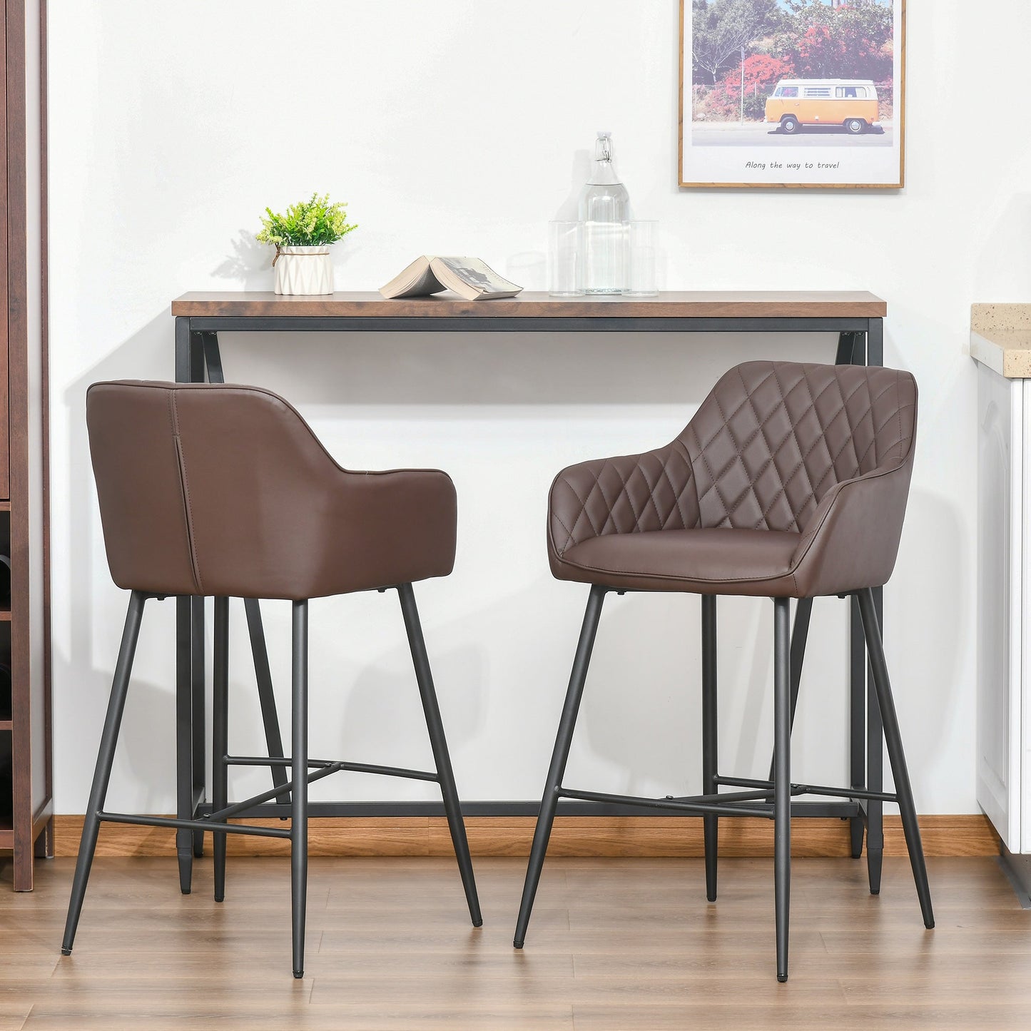 Homcom Set Of 2 Bar Stools Retro Pu Leather Bar Chairs W/ Footrest Metal Frame Comfort Support Stylish Dining Seating Home Brown