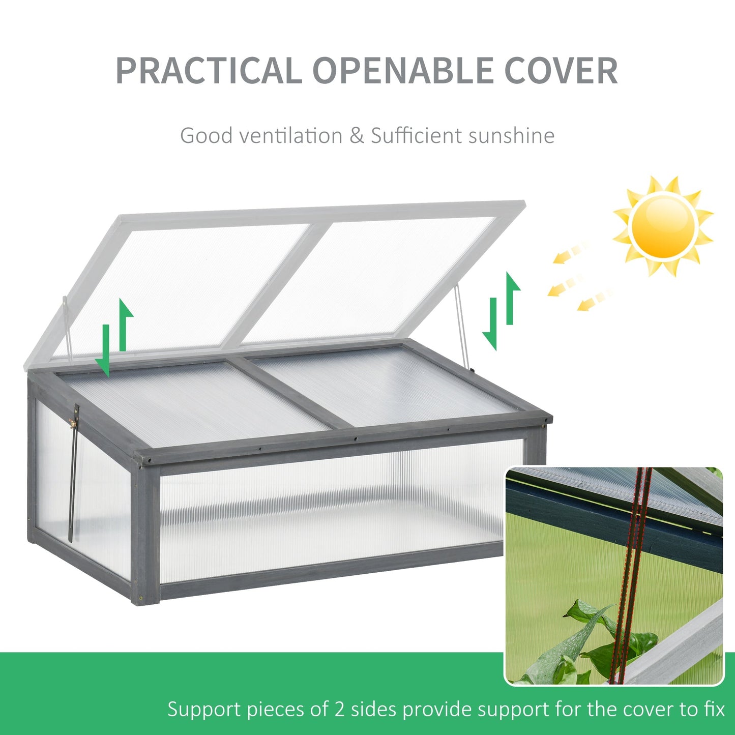 Square Wooden Outdoor Greenhouse w/ Openable Cover PC Board 100 x 65 x 40cm Grey