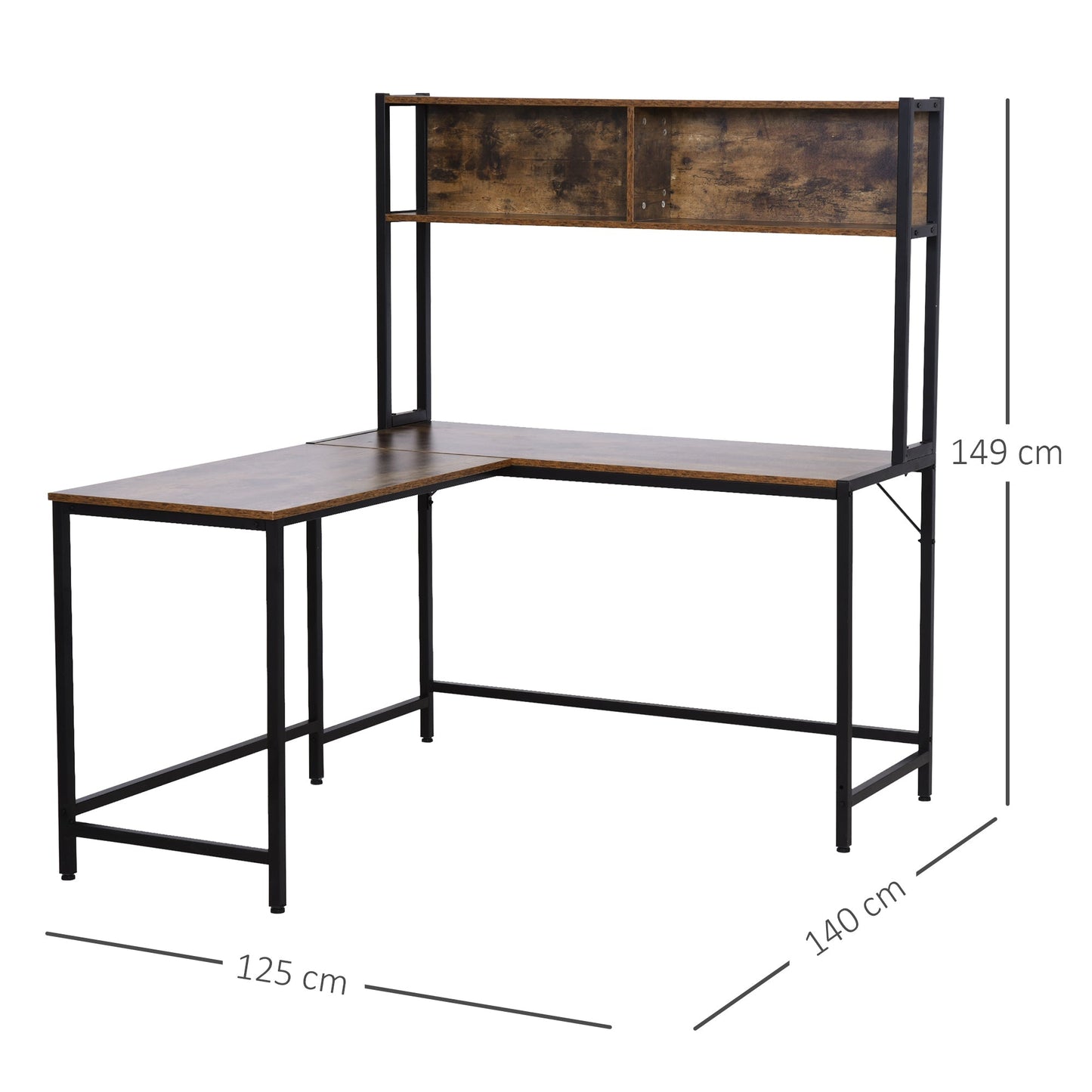 149H x 140L x 125W cm Particle Board Industrial L-Shaped Desk w Shelf - Brown & Black