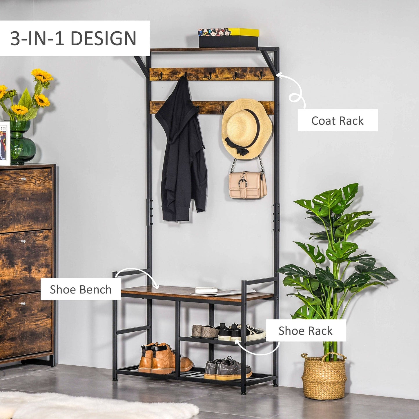 Coat Rack Stand Shoe Storage Bench with 9 Hooks Shelves 180cm