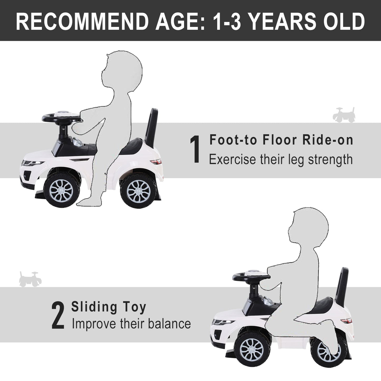 3-in-1 Ride On Car Foot To Floor Slider Toddler w/ Horn Steering Wheel NO POWER Manual Under Seat Storage Safe Design for 1-3 Year Old White