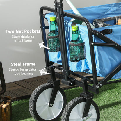 Pull Along Cart Folding Cargo Wagon Trailer Trolley for Beach Garden Use with Telescopic Handle - Blue