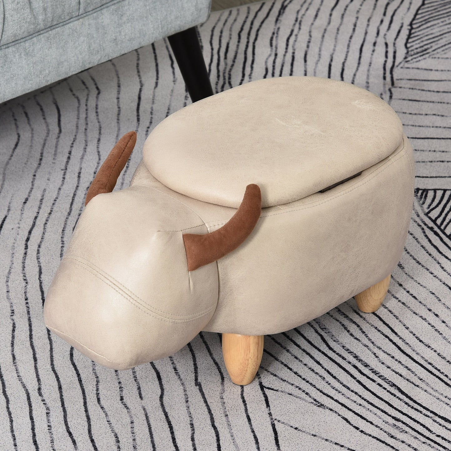 Animal footstool Buffalo Storage Stool Cute Kids Decoration Wood Frame Legs w/Padding Lid Ottoman Furniture Ivory