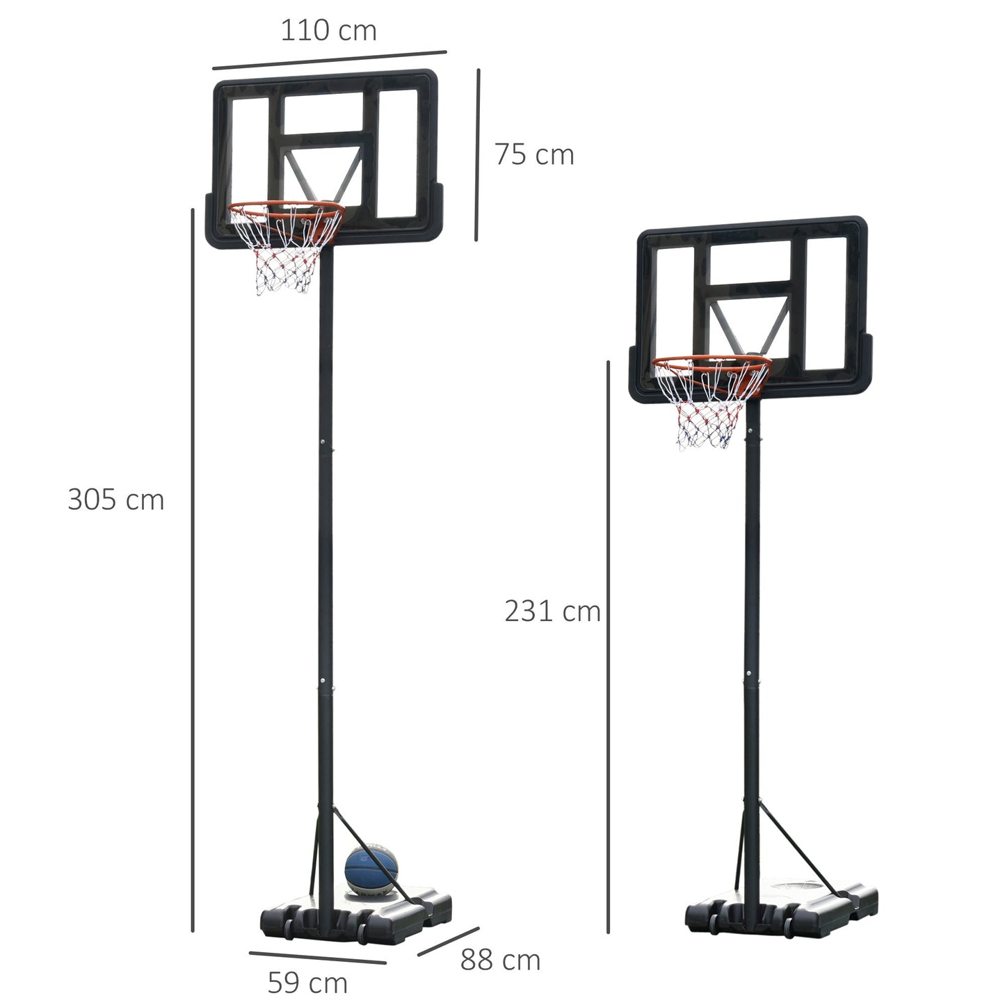 Portable Basketball Hoop Stand 231-305cm Height Adjustable w/ Moving Wheels