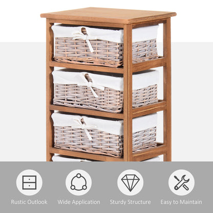 Homcom 5 Drawer Dresser Wicker Basket Storage Shelf Unit Wooden Frame Home Organisation Cabinet Bedroom Office Furniture Natural Finish 90x40cm