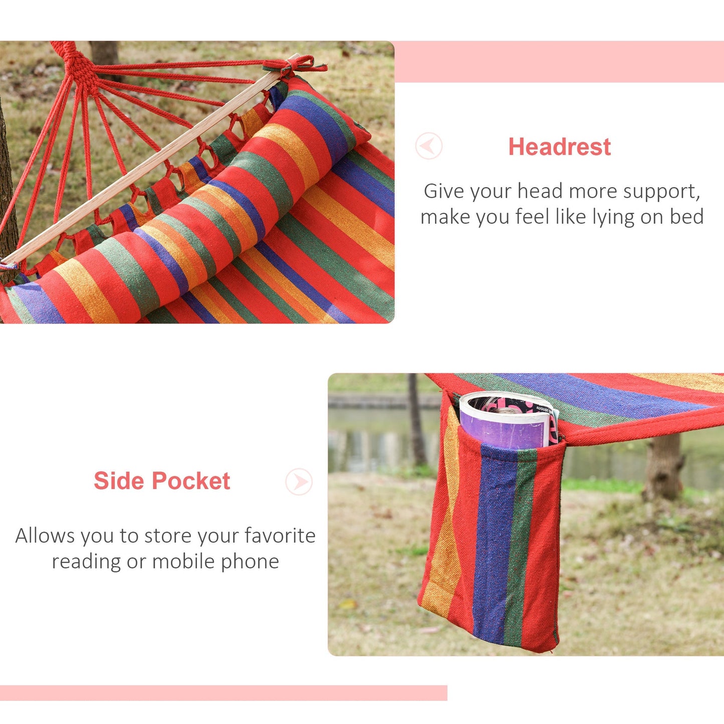 Outsunny Cotton Hammock Soft Portable Swing Sleeping w/ Headrest & Side Pocket Deluxe Swing Chair for Beach