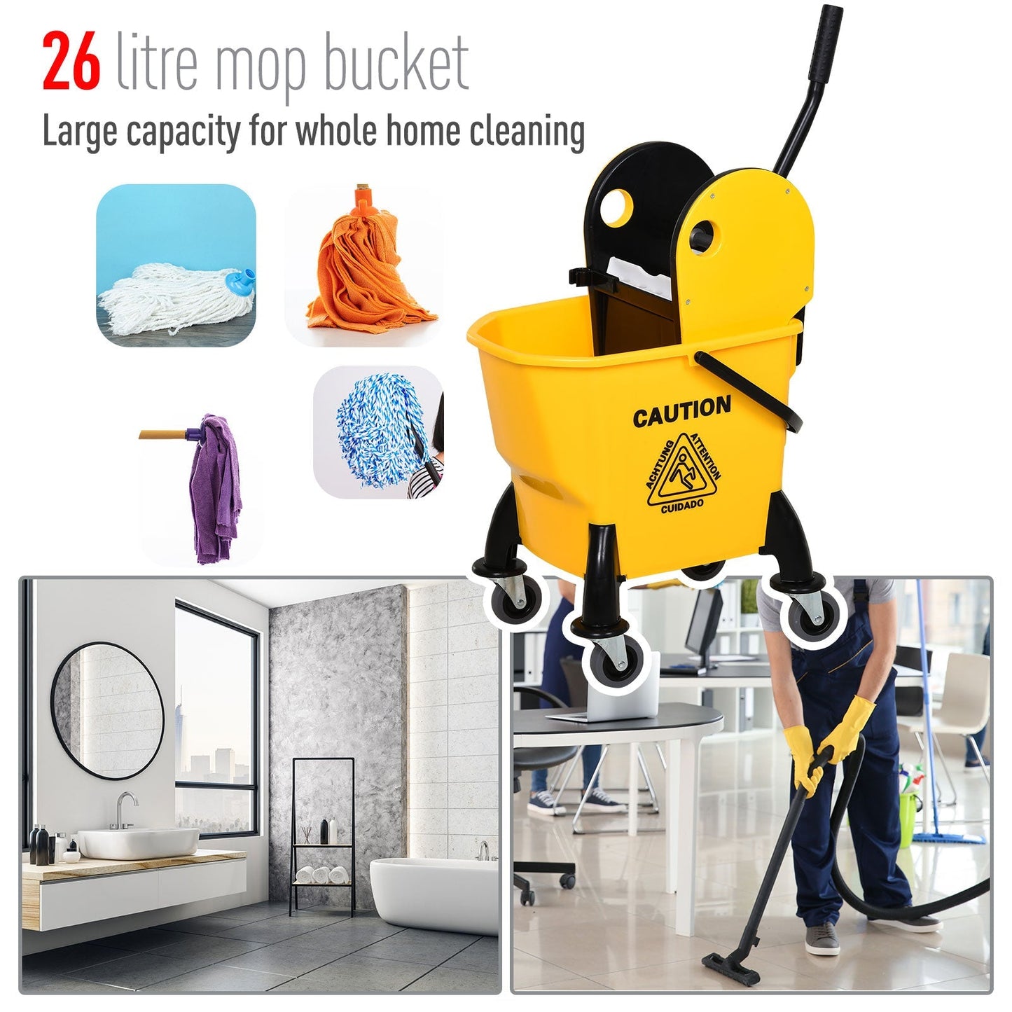 26L Mop Bucket & Water Wringer w/ 4 Wheels Plastic Body Metal Handle Pole Holder Home Commercial Cleaning Floor Cart Yellow