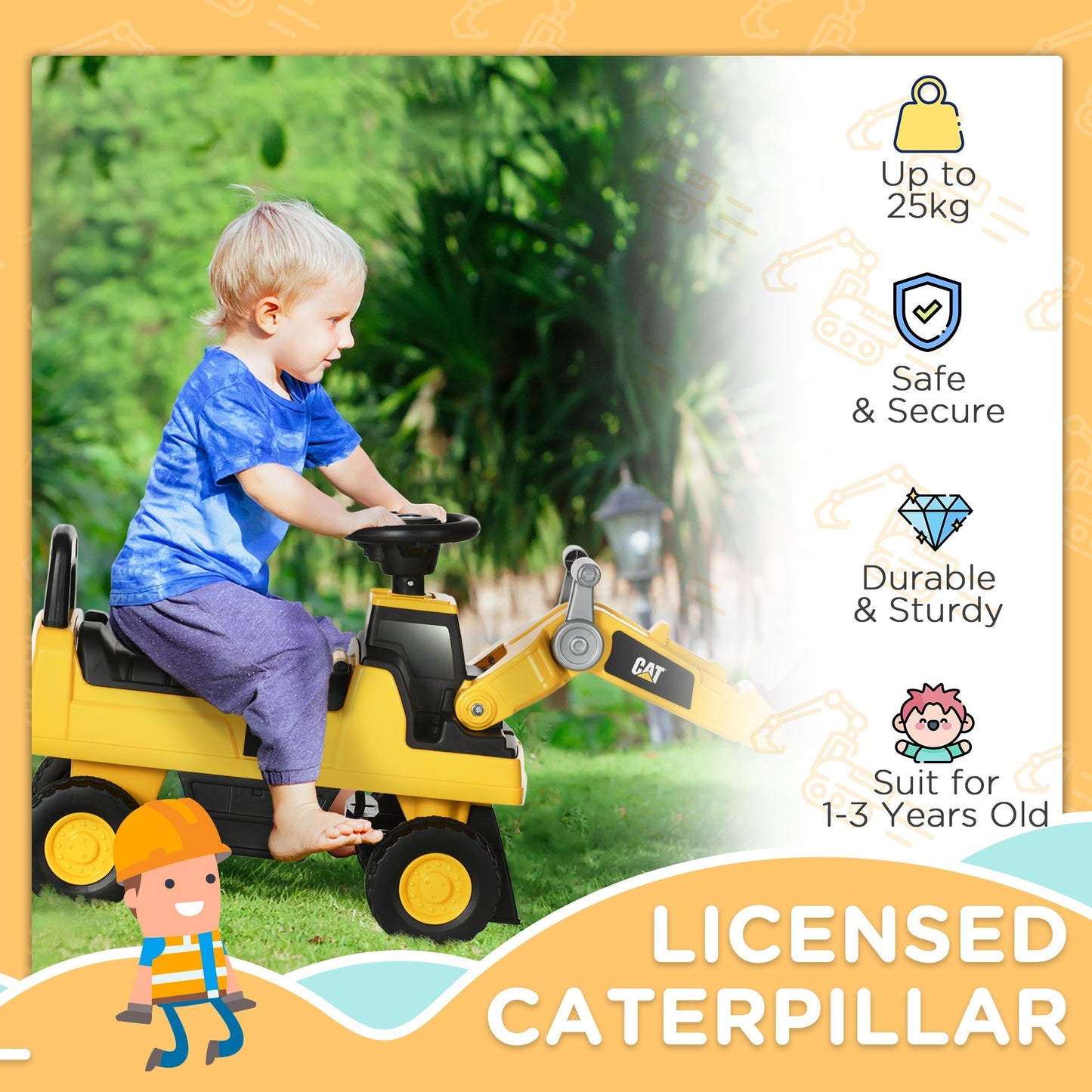 Licensed CAT Kids Construction Ride on with Manual Bucket