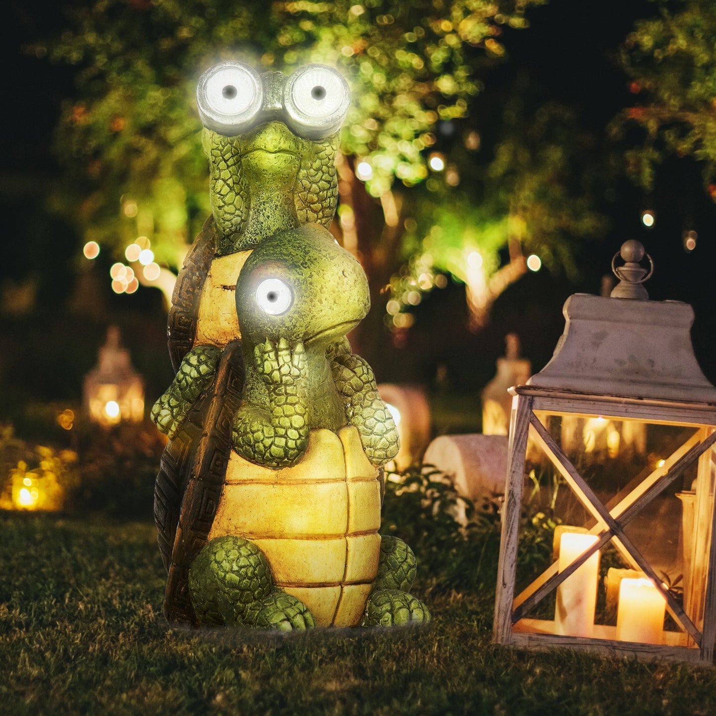 Vivid 2 Tortoises Garden Statue with Solar LED Light