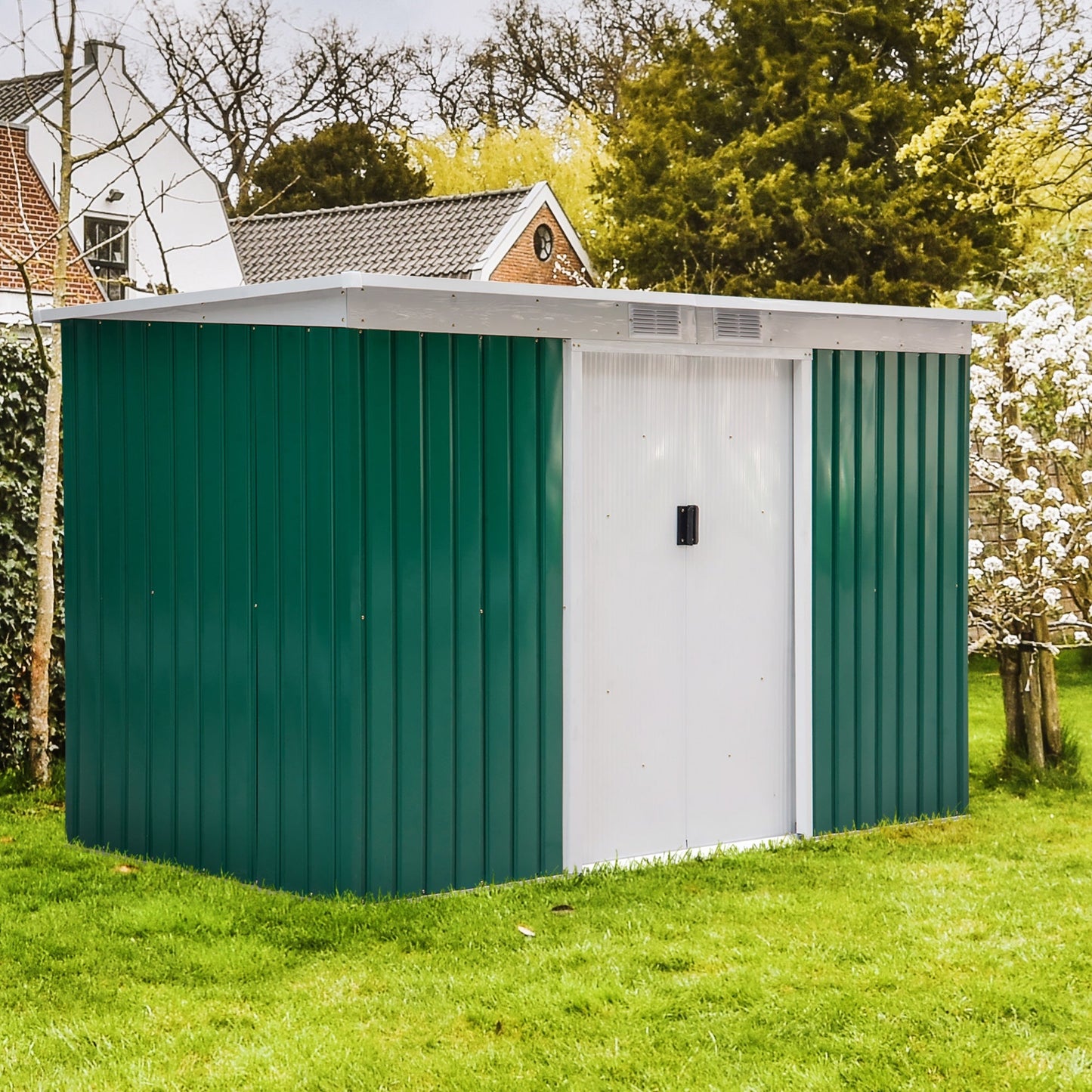 Corrugated 9 x 4' Double Door Pent Garden Shed With Ventilation Steel Green by Steadfast