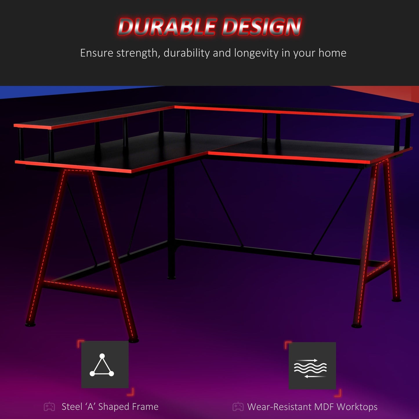 L-Shape Corner Gaming Desk Computer Table with Elevated Monitor Shelf Workstation