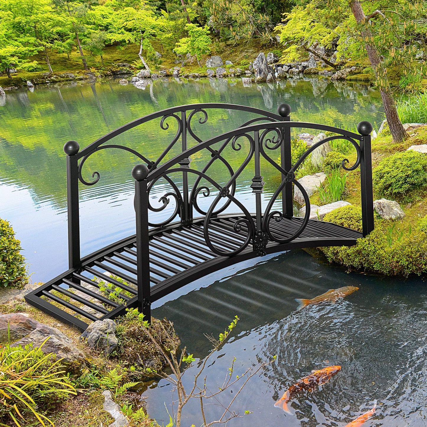 Classic Garden Bridge with Safety Railings Arc Footbridge Decorative Pond for Backyard Creek Stream