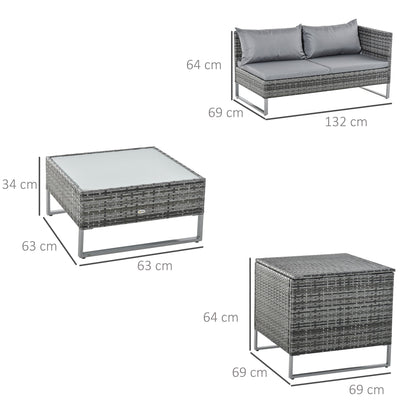 4-Piece Garden Rattan Wicker Outdoor Furniture Patio Corner Sofa Love Seat and Table Set with Cushions Side Desk Storage - Mixed Grey