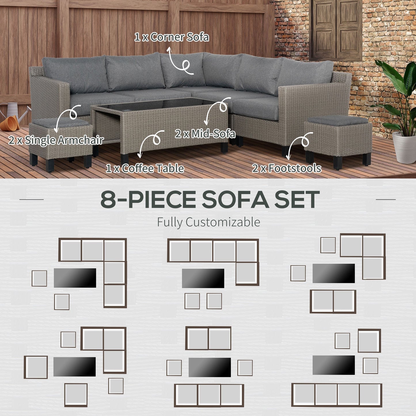 Outsunny 8 Pcs Outdoor Pe Rattan Sofa Set