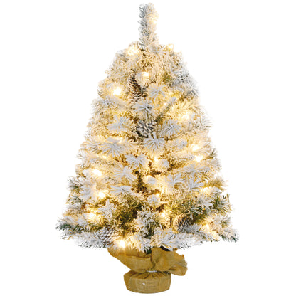 3ft Burlap Base Christmas Tree Artificial - White Frosted Green with LED Lights Warm White 133 Tips