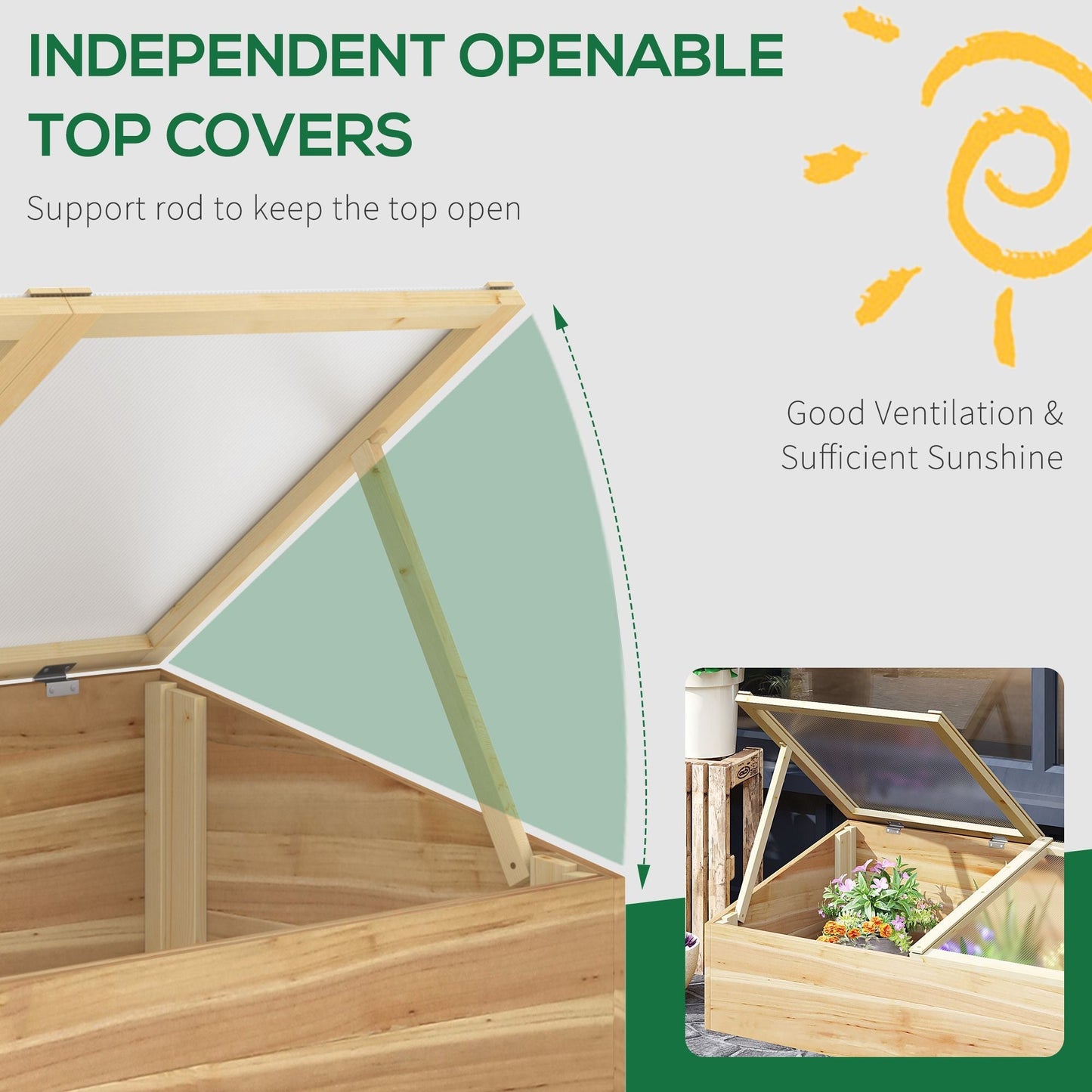 Wooden Cold Frame Greenhouse Garden Polycarbonate Grow House with Independent Openable Top Covers for Flowers